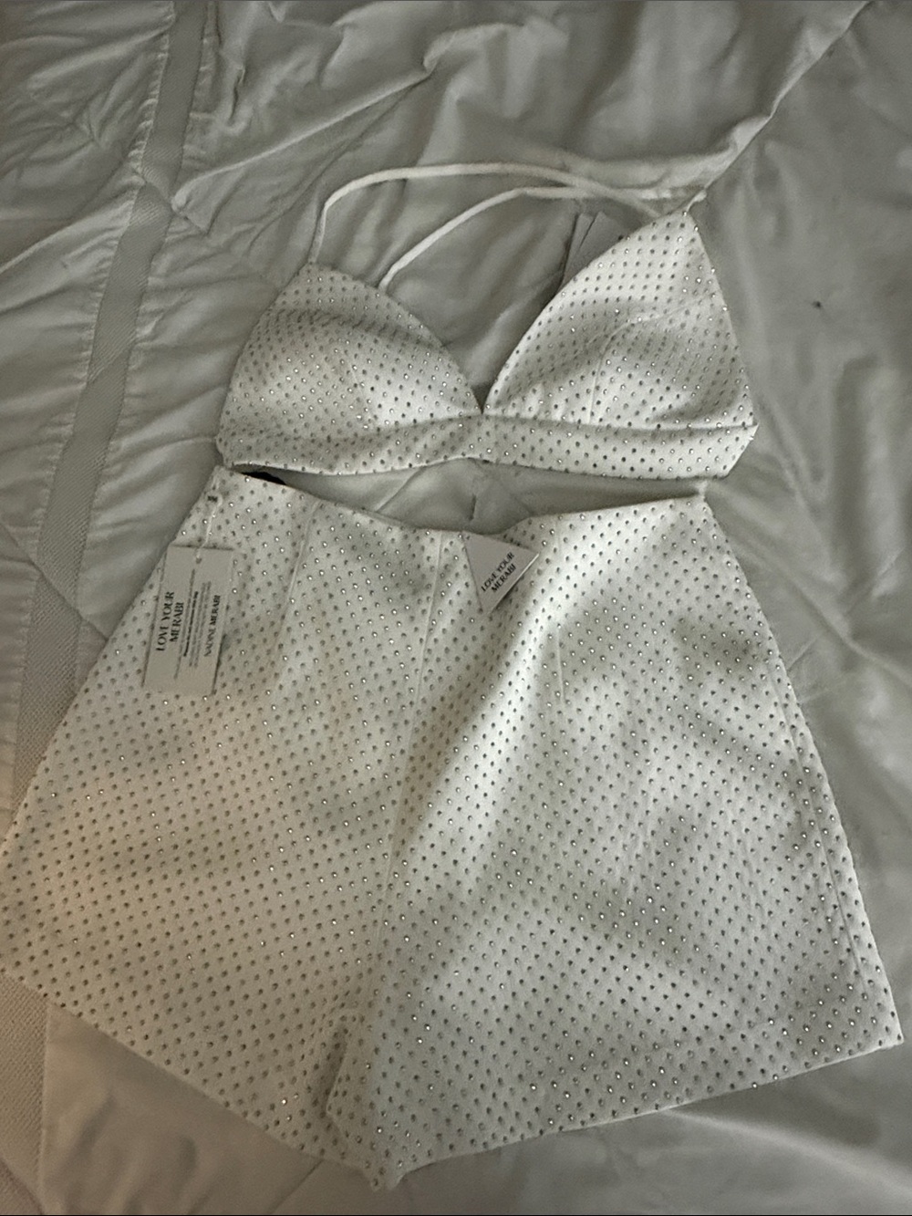 NADINE MERABI White Embellished Bralette & High-Waist Shorts Set